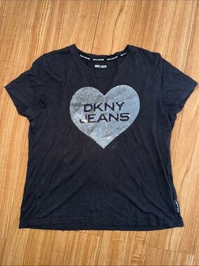 DKNY Black Tee with Silver Sequin Heart Logo
